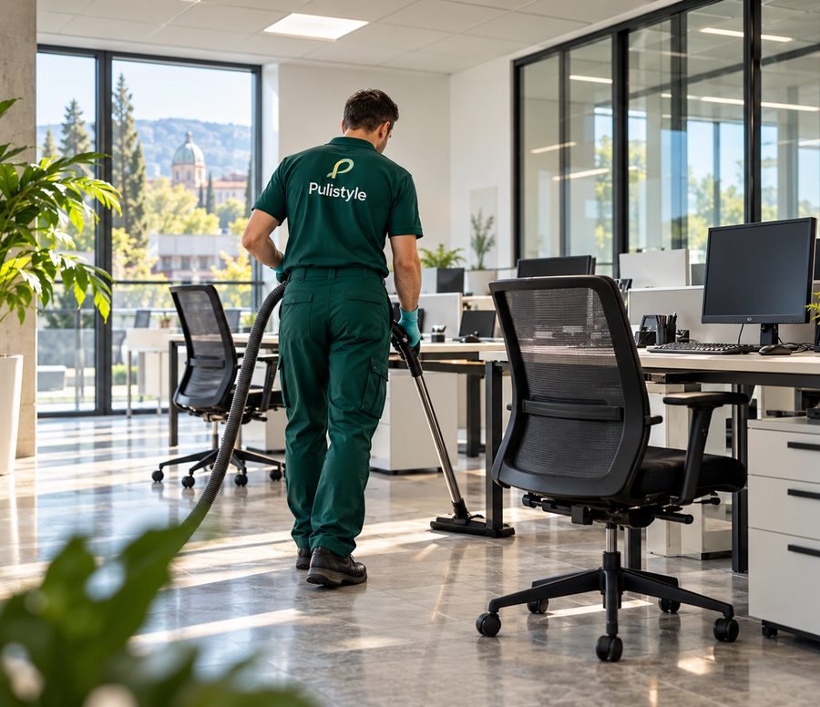 Un ufficio open space con le scrivanie in ordine