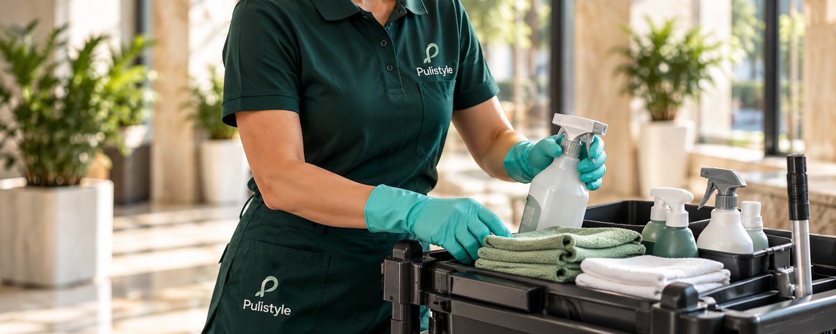 Un carrello delle pulizie con i detergenti e i panni in microfibra