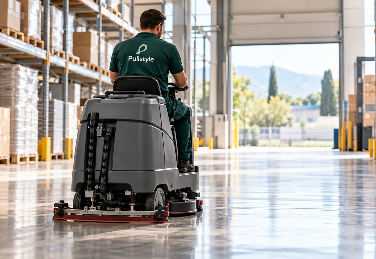 Un magazzino con le scaffalature, il pavimento lucido e una lavasciuga